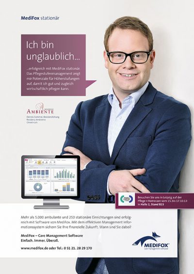 Layout einer Anzeige der MediFox GmbH, Anzeignmotiv fotografiert on location von Fotograf für Geschäftskund:innen Daniel Möller