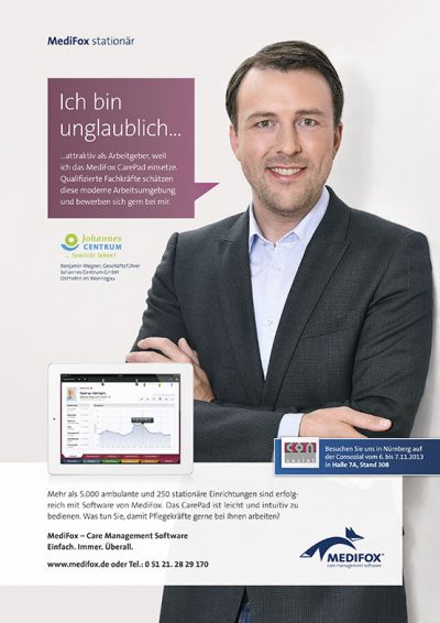 Layout einer Anzeige der MediFox GmbH, Anzeignmotiv fotografiert on location von Fotograf für Geschäftskund:innen Daniel Möller